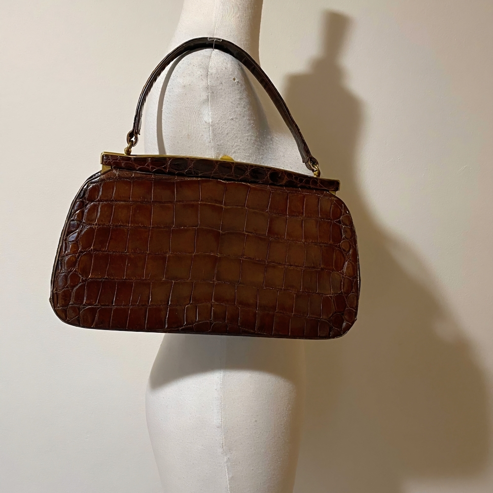 Chic Brown Crocodile Shoulder Bag with Golden Detail